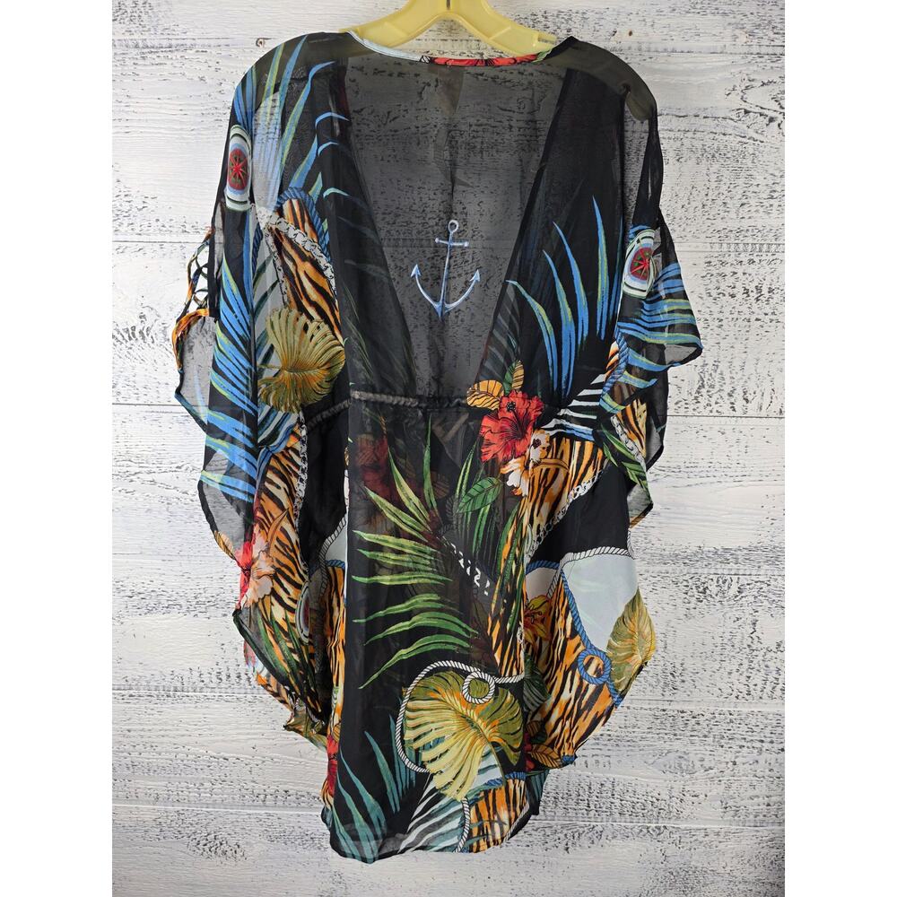 Violet Sky Sheer Tropical Hibiscus Floral Anchor Kimono Caftan Coverup One Size - Picture 5 of 9